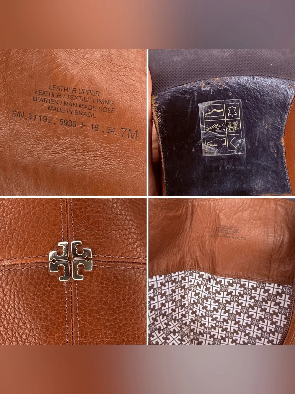 Tory Burch Cognac Pebbled Leather Riding Boots Tall Knee High Logo 7M Brazil